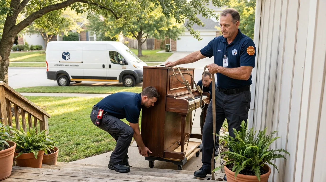 Licensed piano movers securing grand piano in Woodland, WA