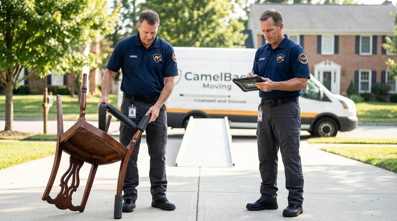 Movers inspecting furniture for damage prevention before loading in Woodland, WA