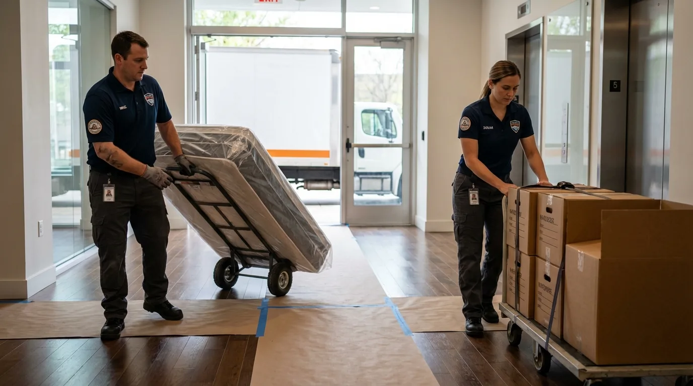 Professional apartment movers loading elevator in Woodland, WA
