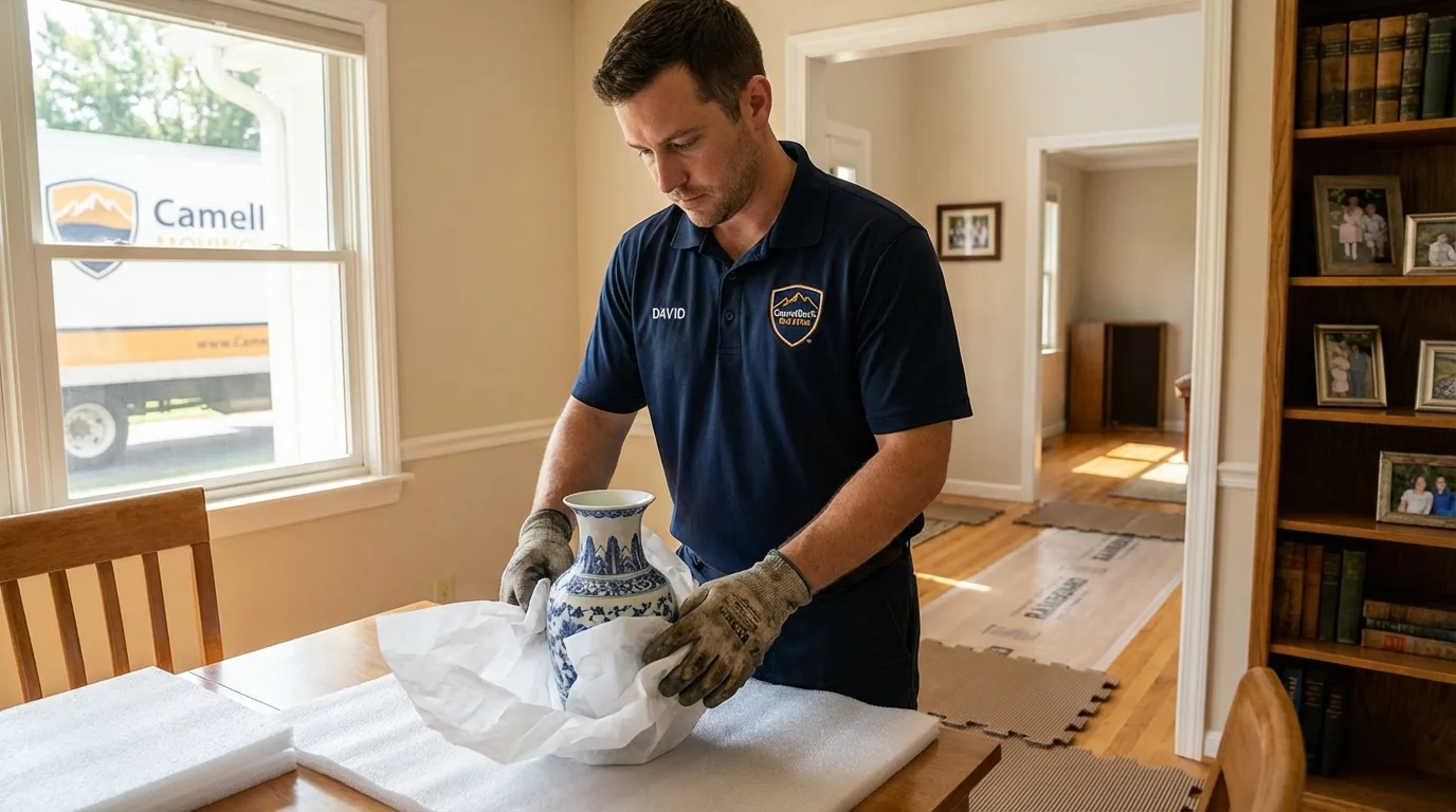 Professional crew carefully wrapping antique vase for senior downsizing move in Woodland, WA