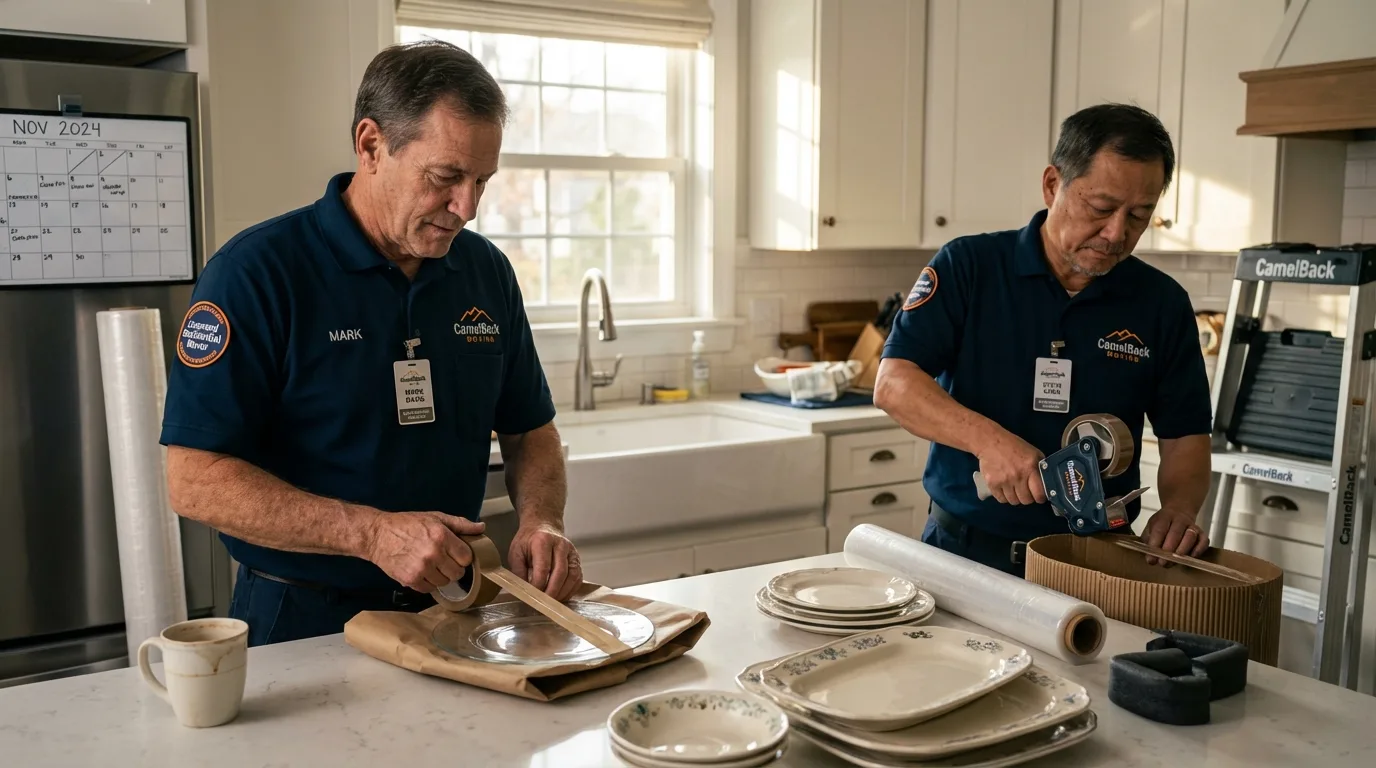 Professional crew packing kitchen dishware in Woodland, WA